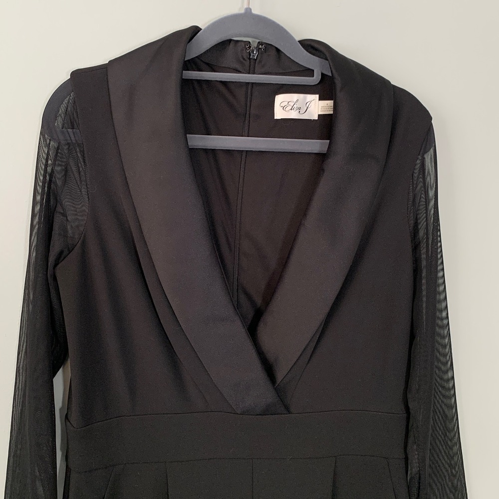 Eliza J Black Tuxedo Jumpsuit Sheer Mesh Long Sleeve Shawl Collar Womens 8 - Picture 3 of 11